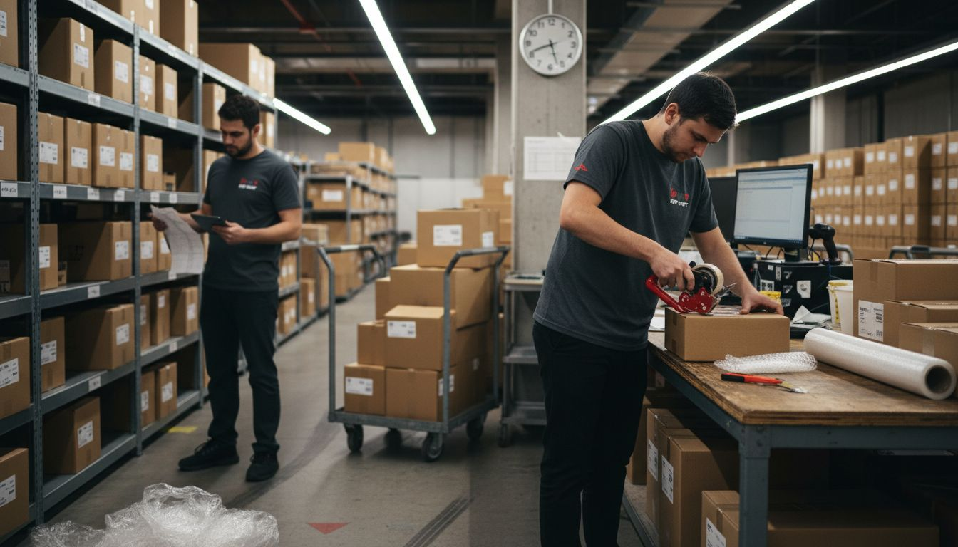 Warehouse team preparing ecommerce shipments