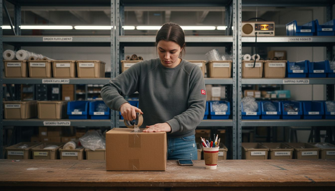 Woman packing products for marketplace shipment