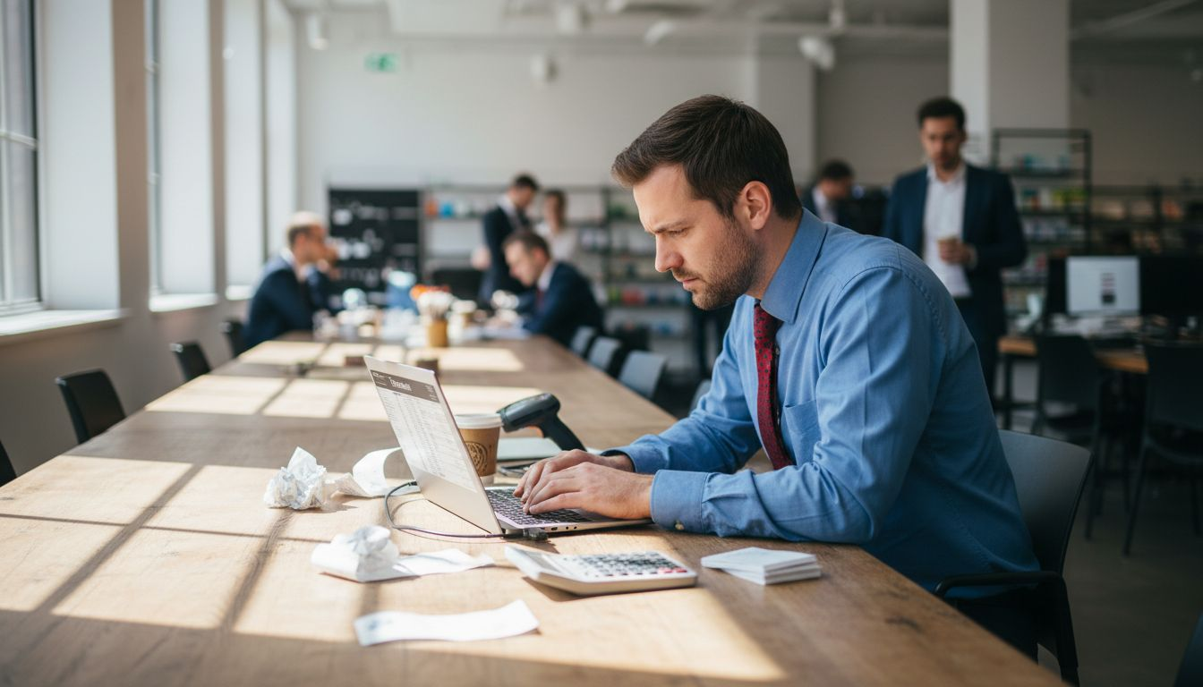 Retail analyst reviews spreadsheet in office