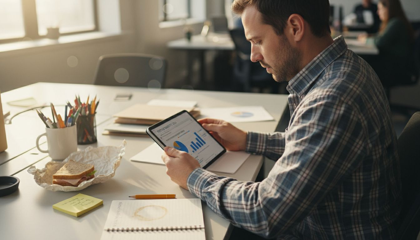 Manager analyzing pricing survey results in workspace