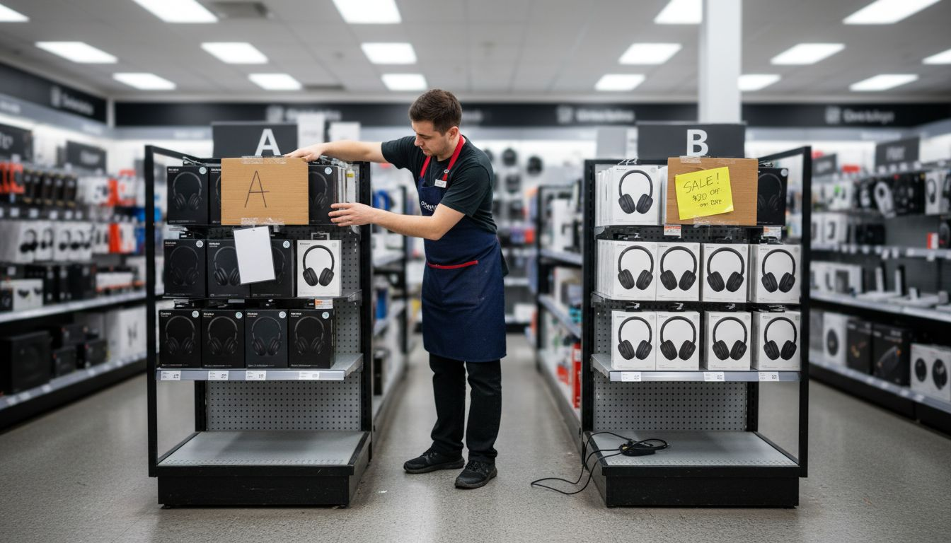 Retail employee managing A/B test display setups