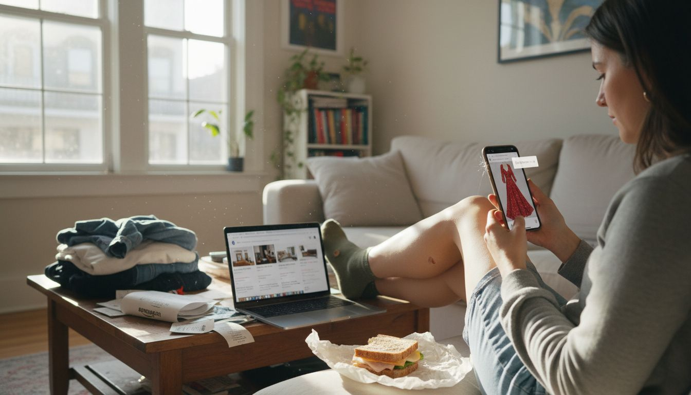 Woman shopping on Instagram at home