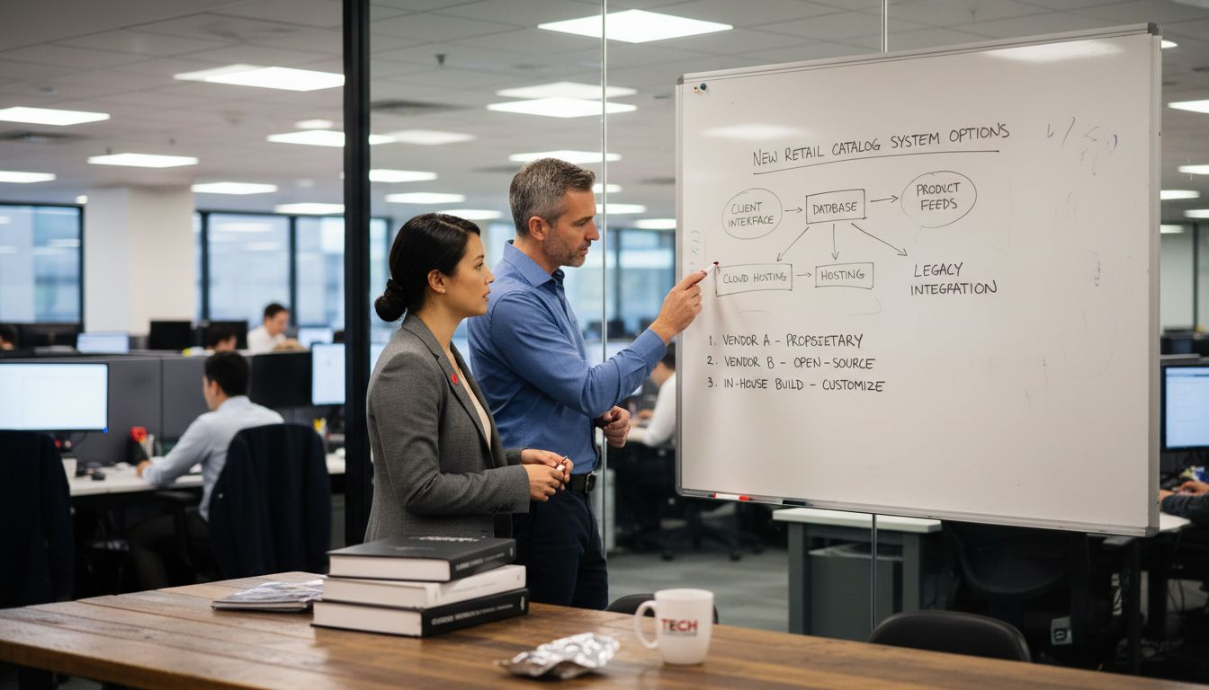 IT team discusses catalog system in office