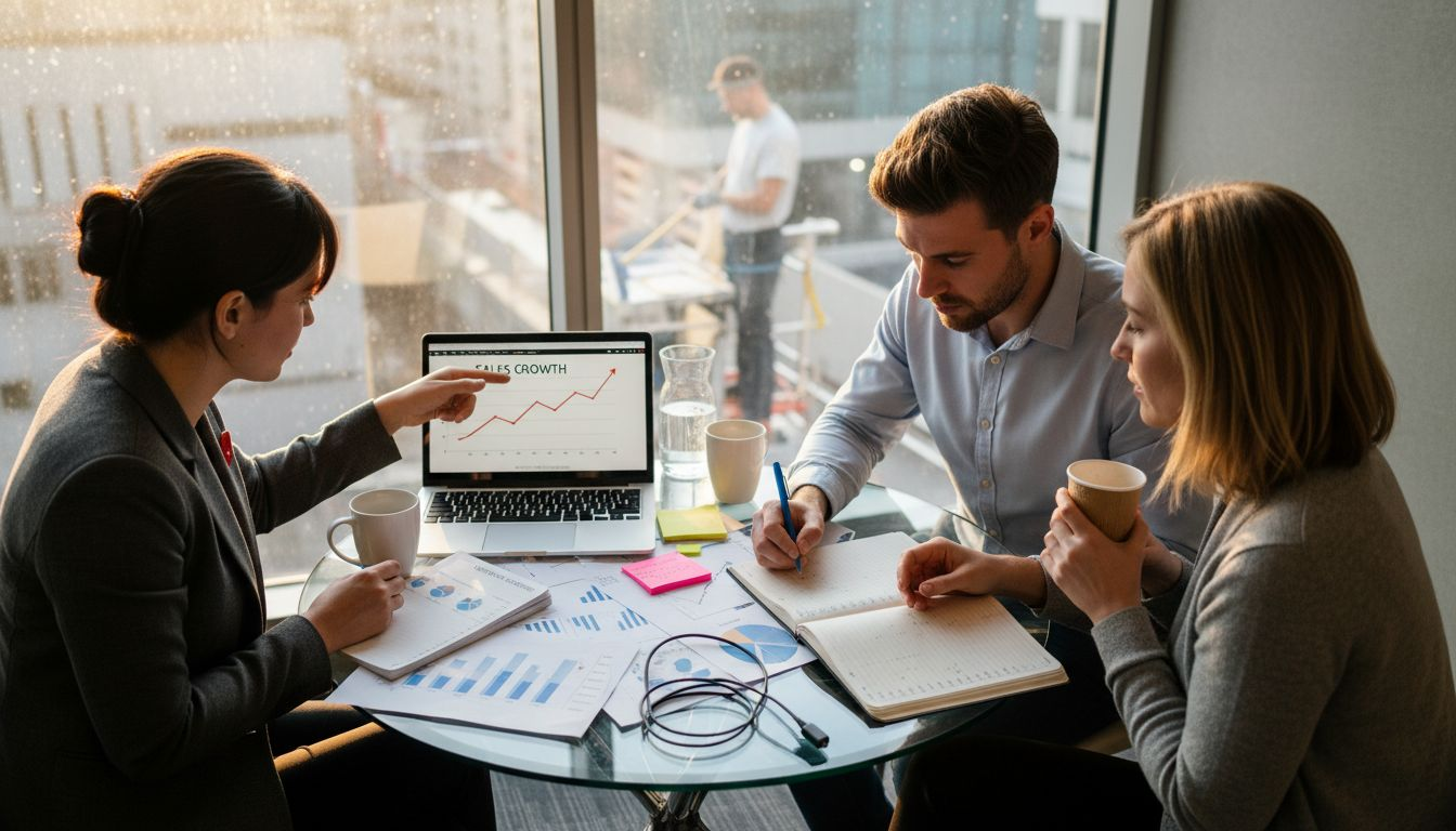 Team meeting discussing website analytics and strategy