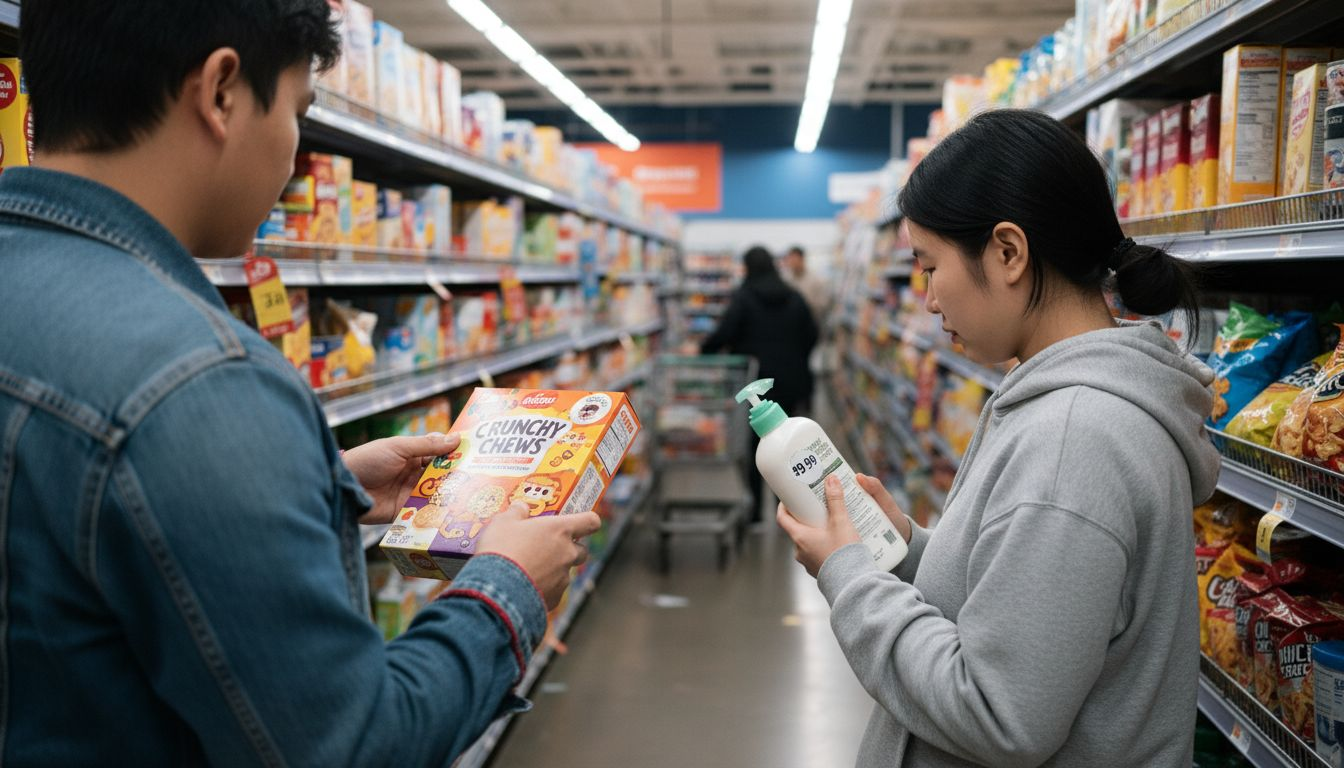 Closeup of CPG products on retail shelf