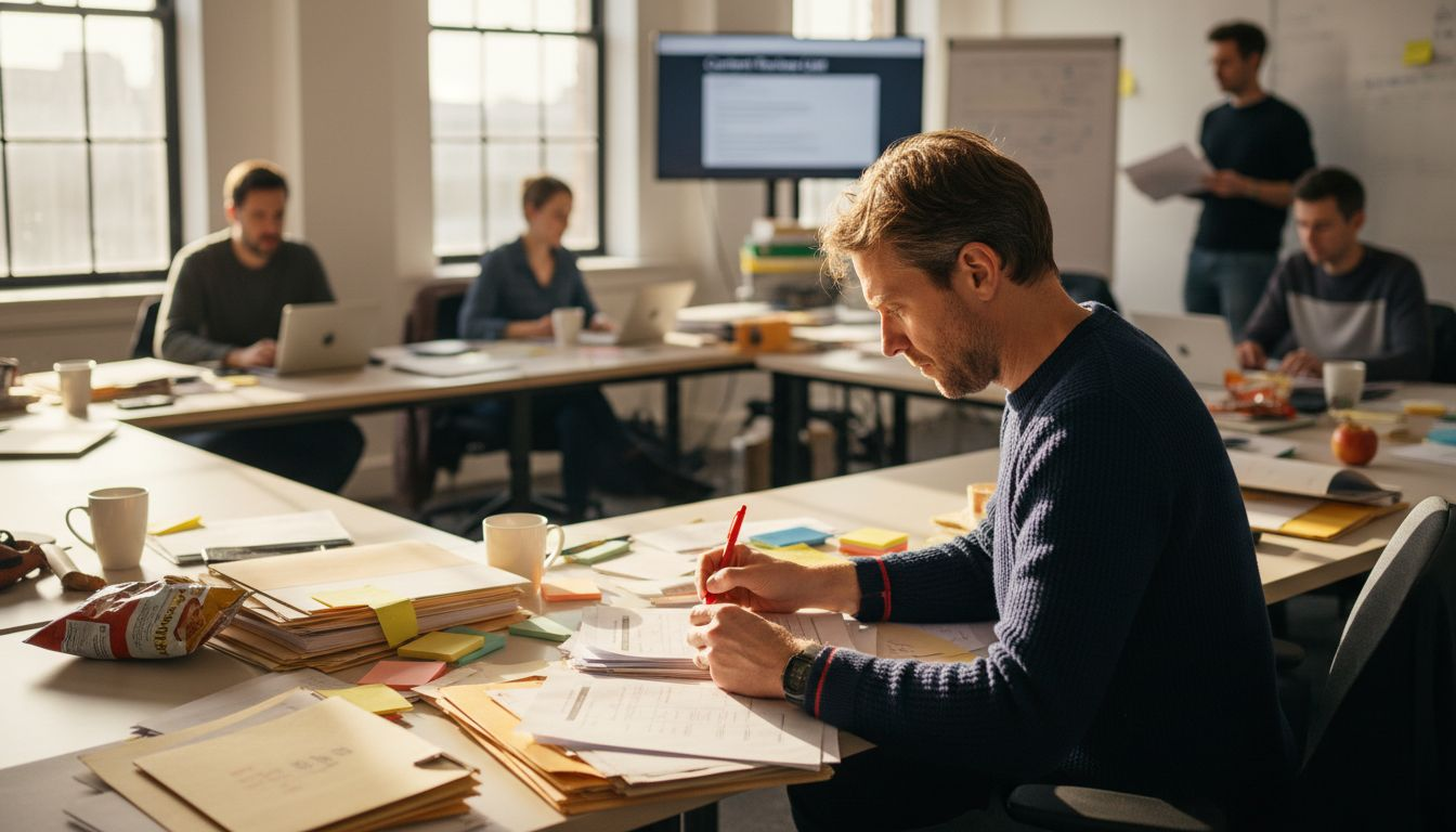 Editor reviewing content drafts at desk