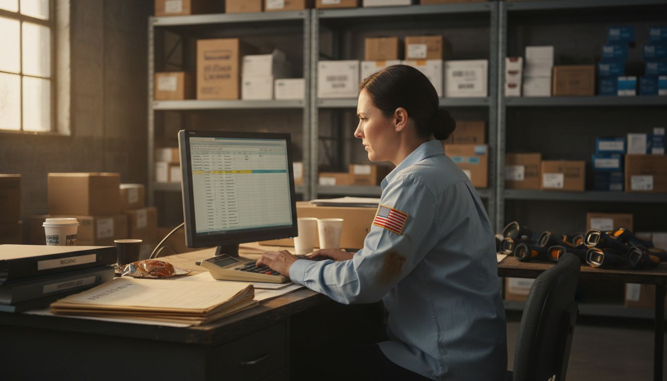 Inventory manager reviewing stock spreadsheet
