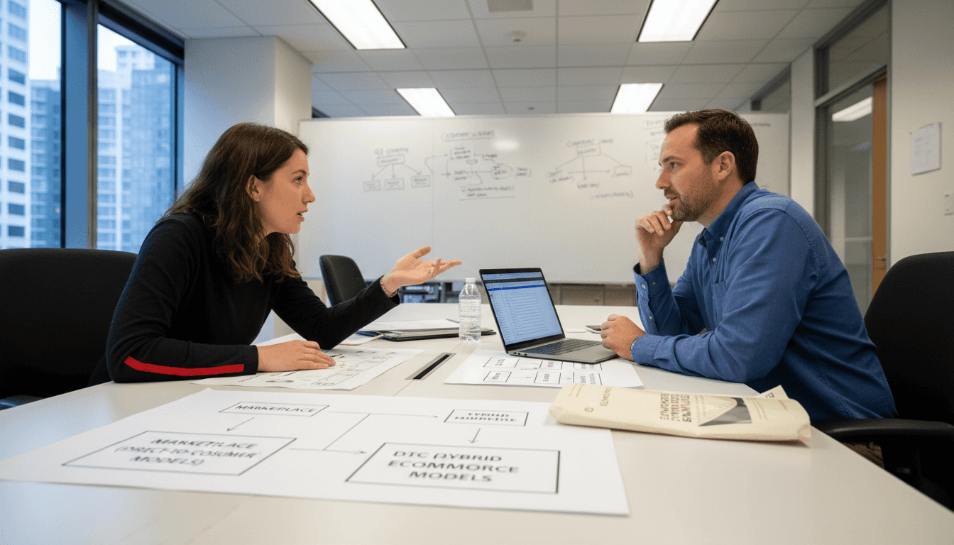 Team reviews ecommerce business model diagrams