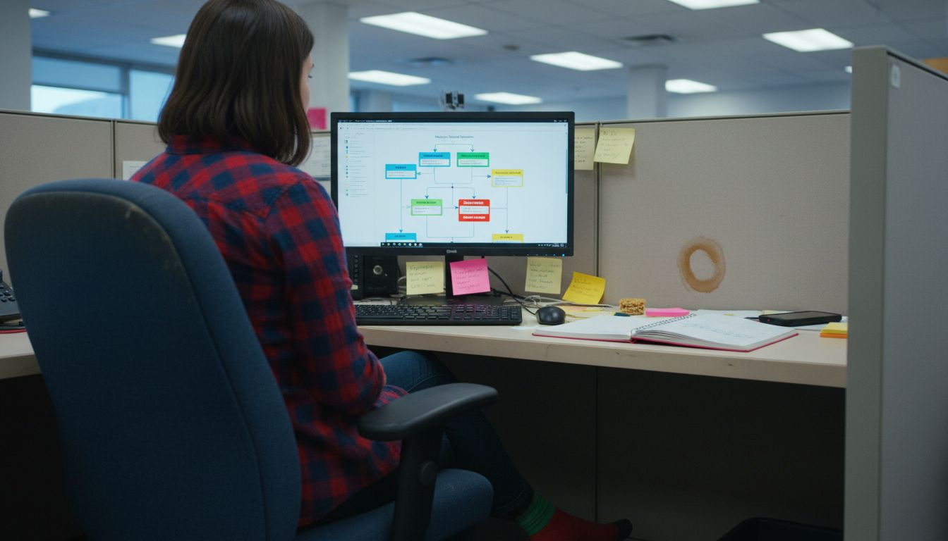 Coordinator reviewing welcome email workflow at desk