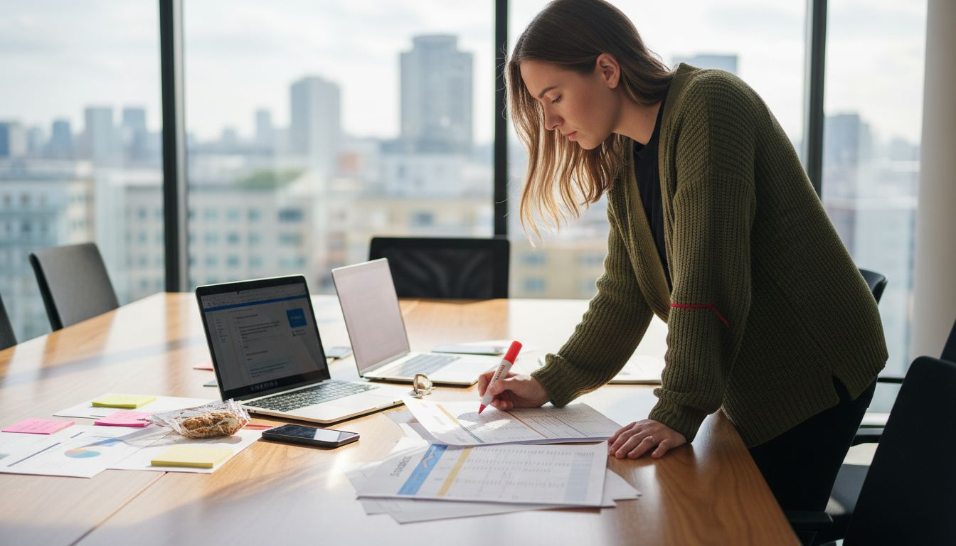 Analyst reviewing fee statements at conference table