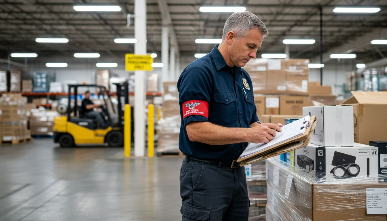 Customs officer checks packages in warehouse