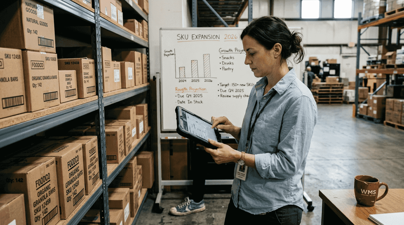 Warehouse office reviewing SKU expansion inventory