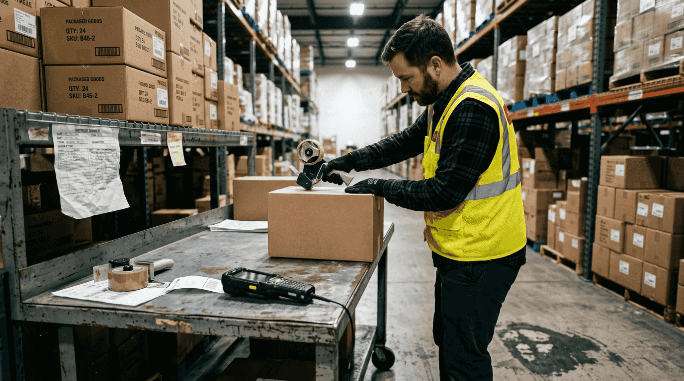 Warehouse worker packing orders for shipment