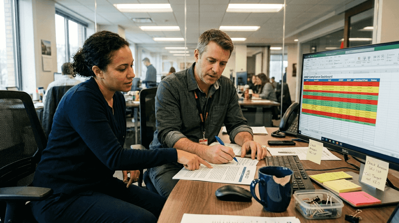 Team reviewing price parity policy document