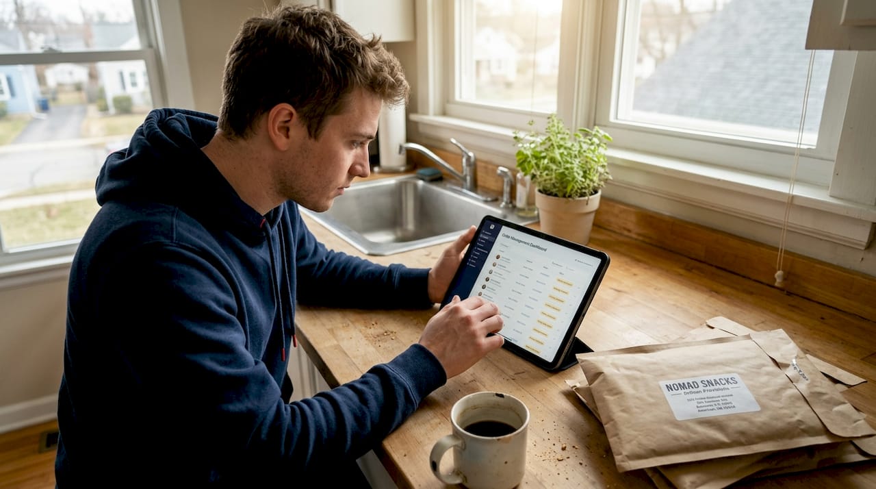 Entrepreneur packing snack orders for DTC online sales