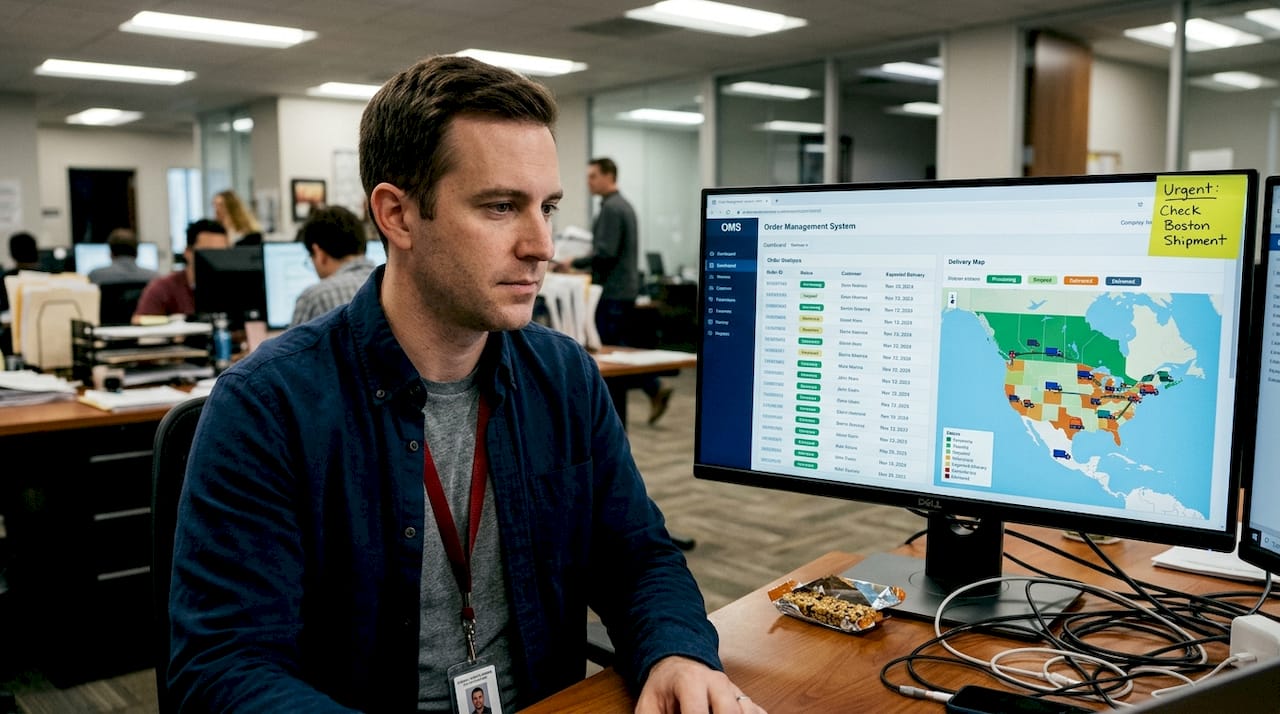 Supply chain coordinator reviewing OMS dashboard