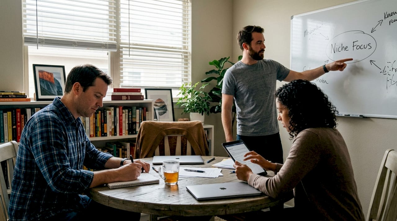 Small team brainstorms product differentiation