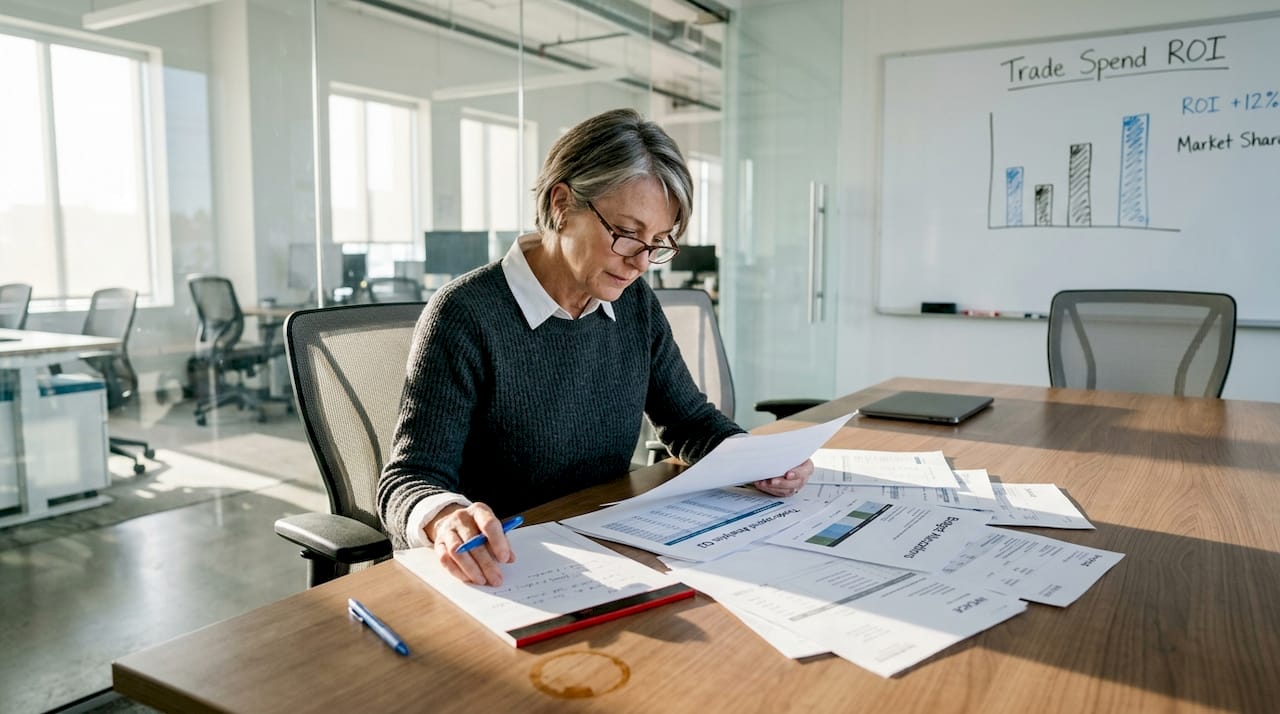Finance analyst reviewing trade spend paperwork