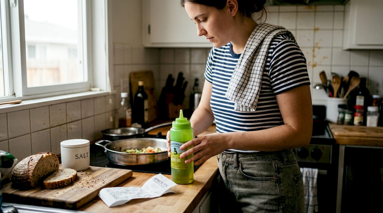 Everyday kitchen scene with branded olive oil