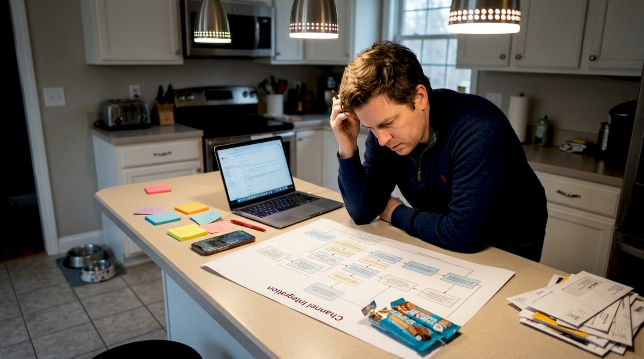 Founder reviewing integration strategy in kitchen