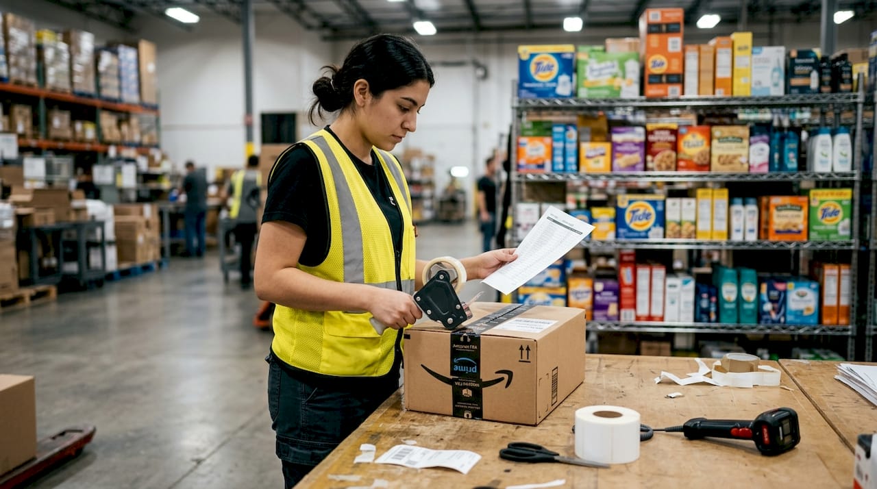 Associate preparing product for Amazon FBA