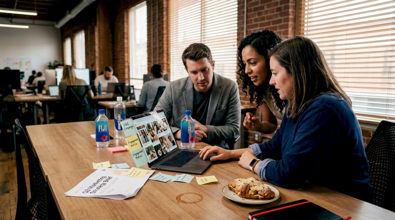 Team reviewing UGC at meeting table