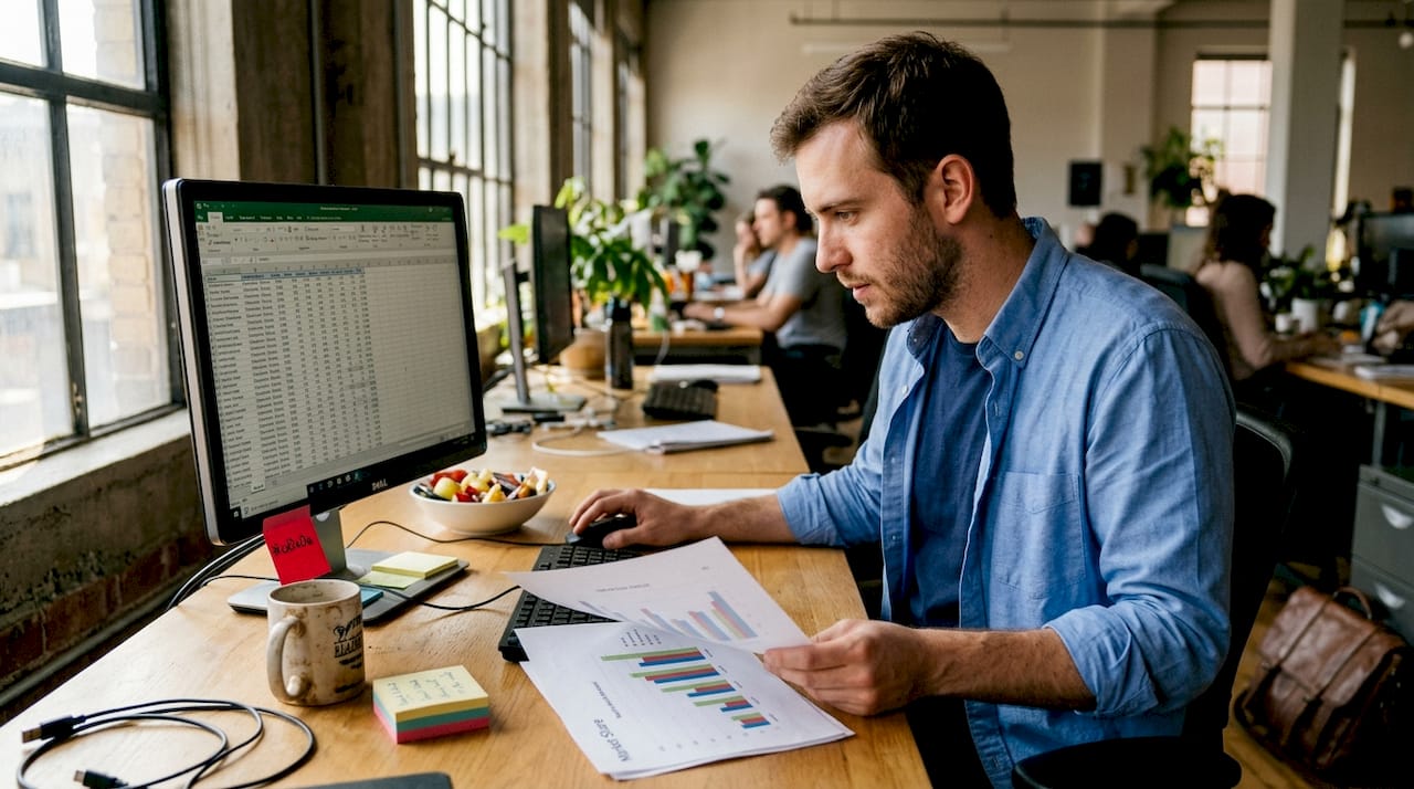 Analyst reviewing CPG market analysis at desk