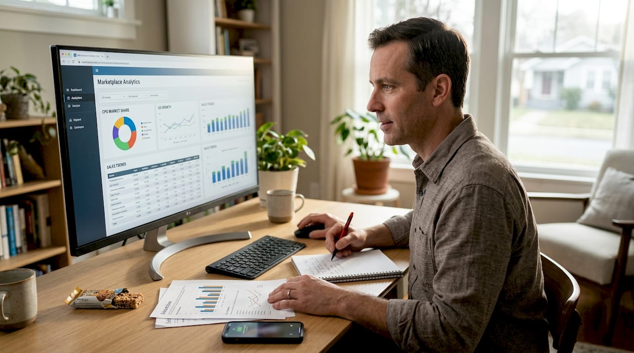 Marketing analyst studying marketplace SEO data