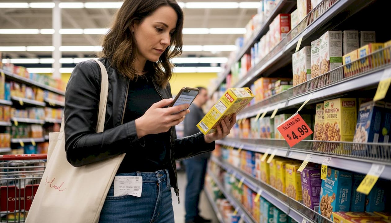 Shopper reading product reviews in grocery aisle