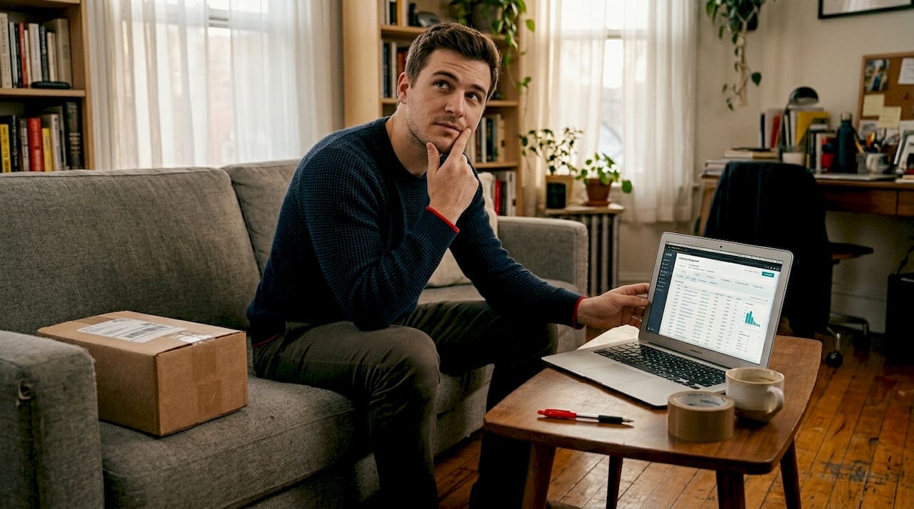 Man checks online inventory on laptop at home