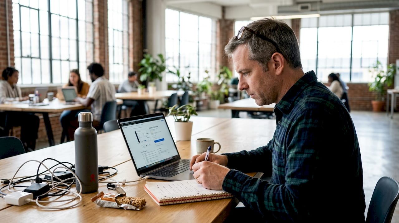 Man reviews product page in coworking space