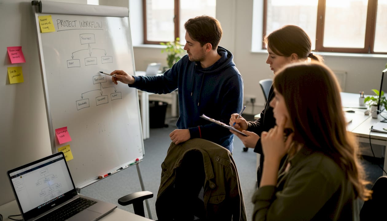 Team reviewing workflow chart in workspace