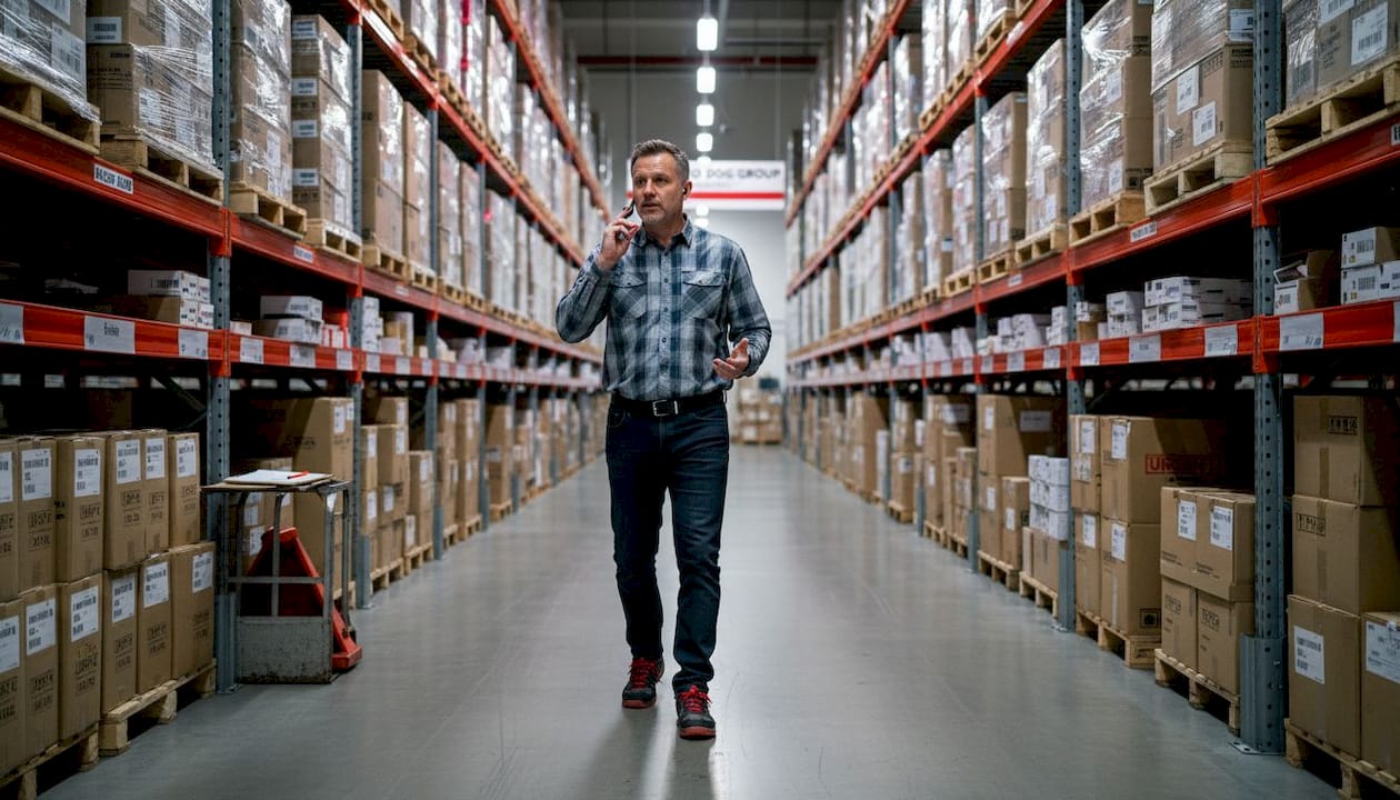 Warehouse manager walking through distribution center