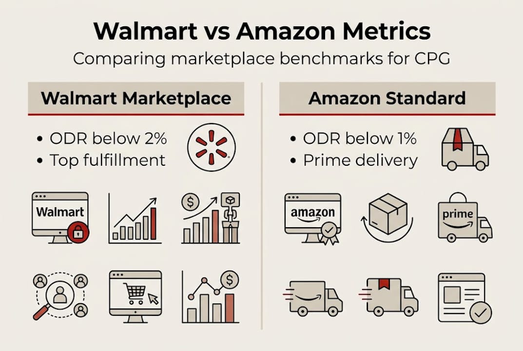 Infographic comparing Walmart and Amazon seller metrics