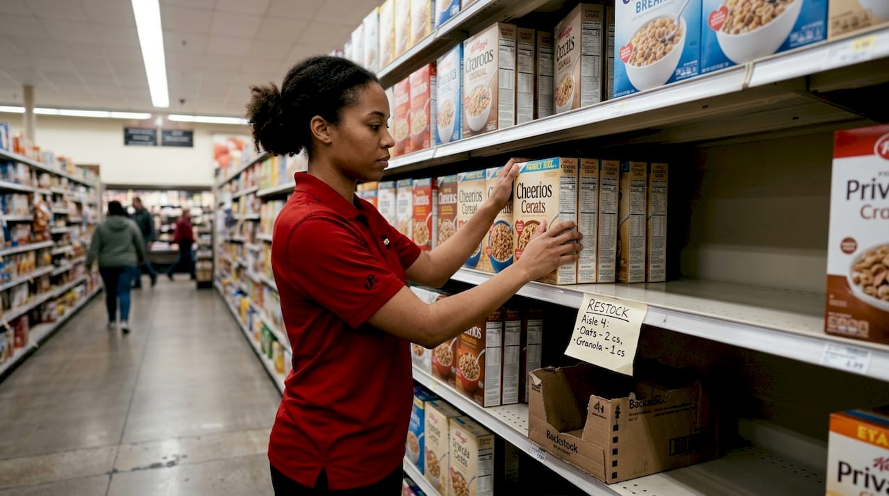 Grocery associate restocking product shelf