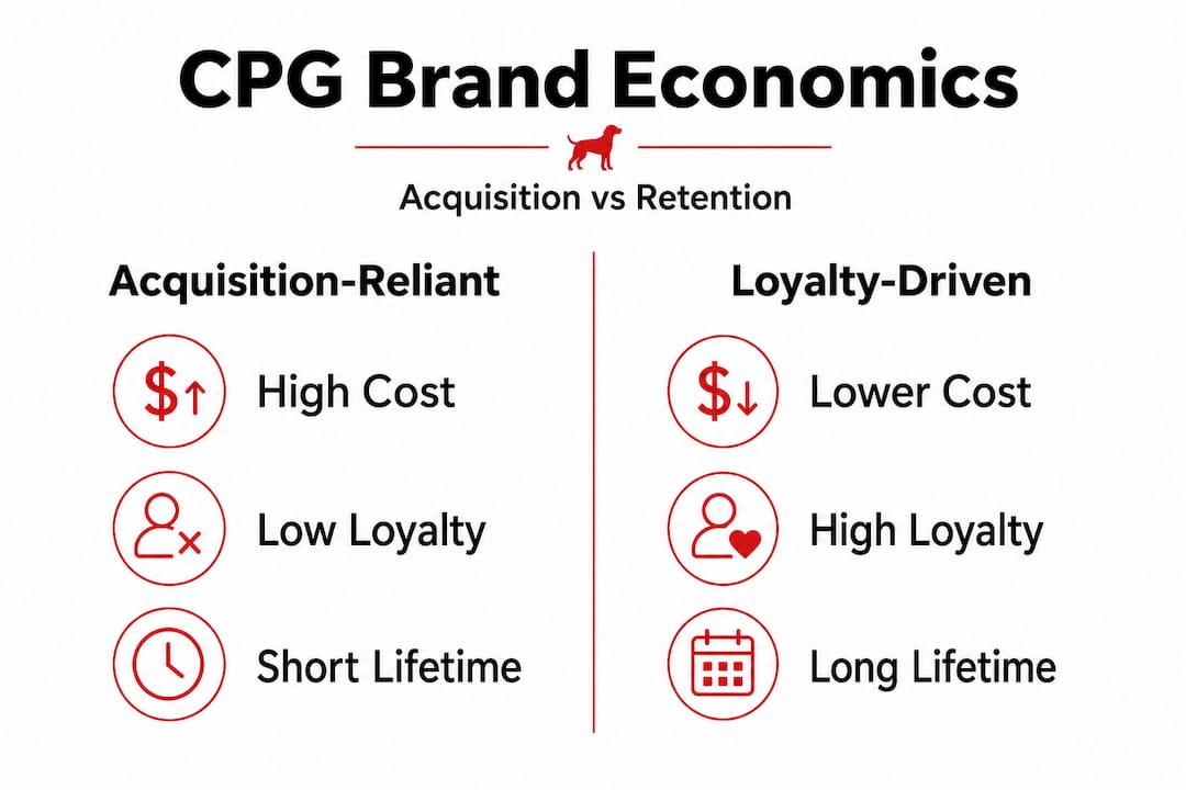 Split infographic comparing acquisition and loyalty-driven CPG brand metrics