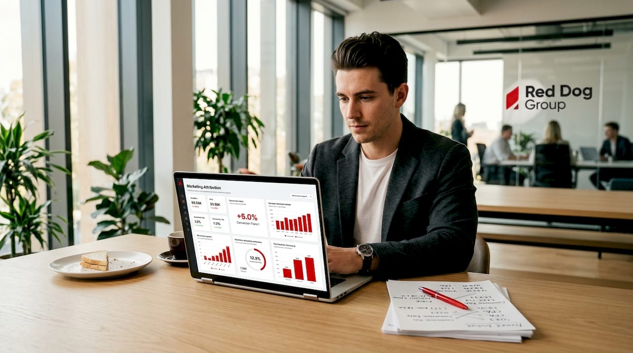 Marketer checks attribution data on laptop in coworking space