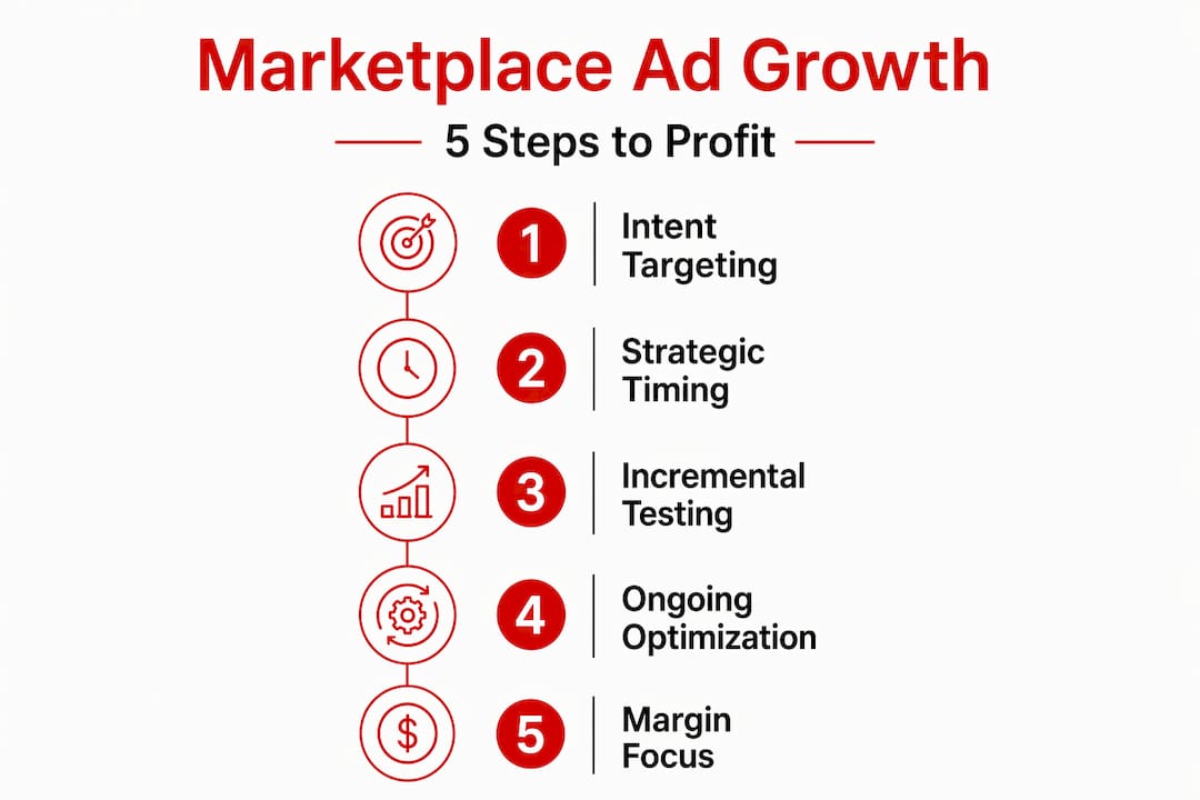 Infographic showing five-step marketplace ad growth process