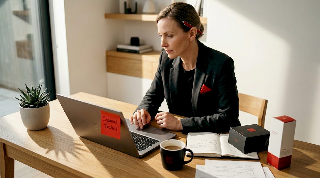 Marketing manager at workspace reviewing tactics