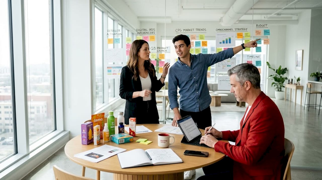 Small team discusses influencer marketing strategy