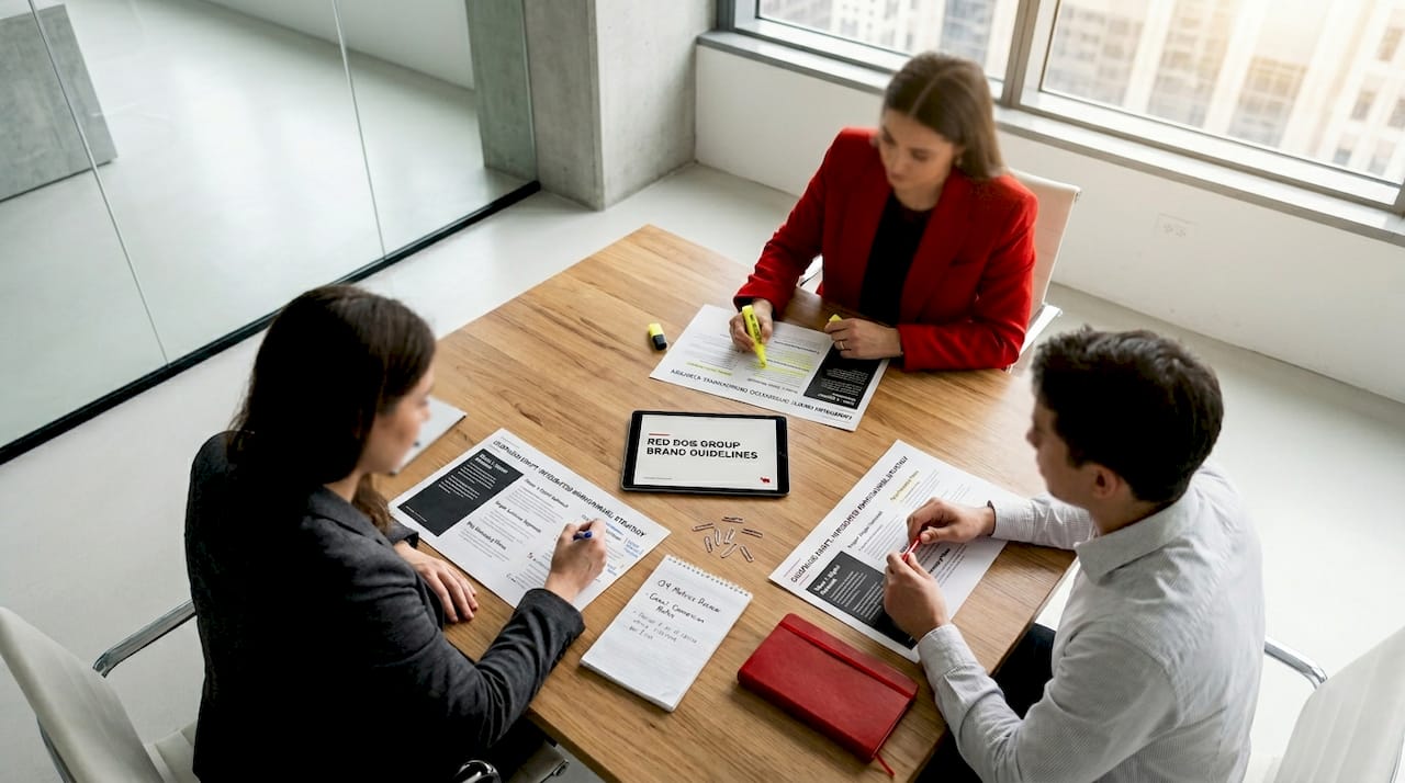 Team collaborating on brand messaging consistency