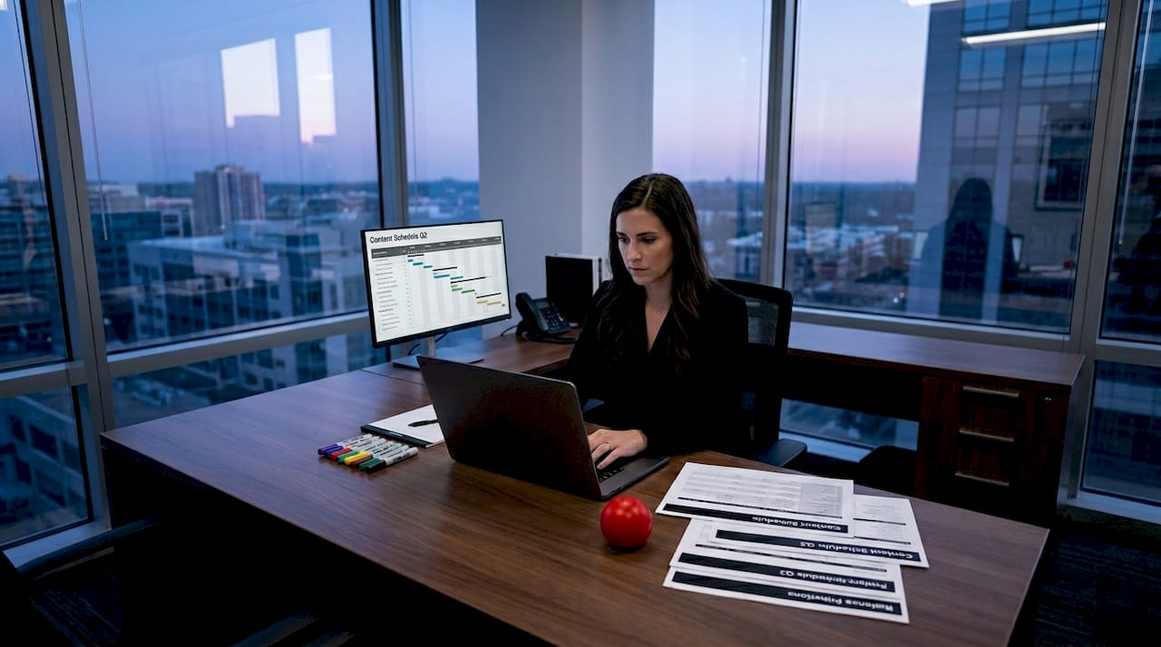 Coordinator tracking content marketing schedule in meeting room