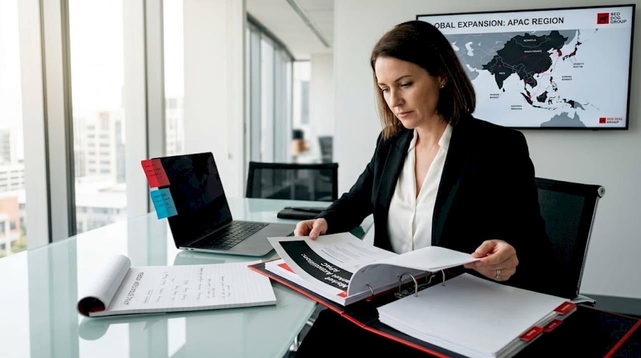 Executive analyzing international market binder