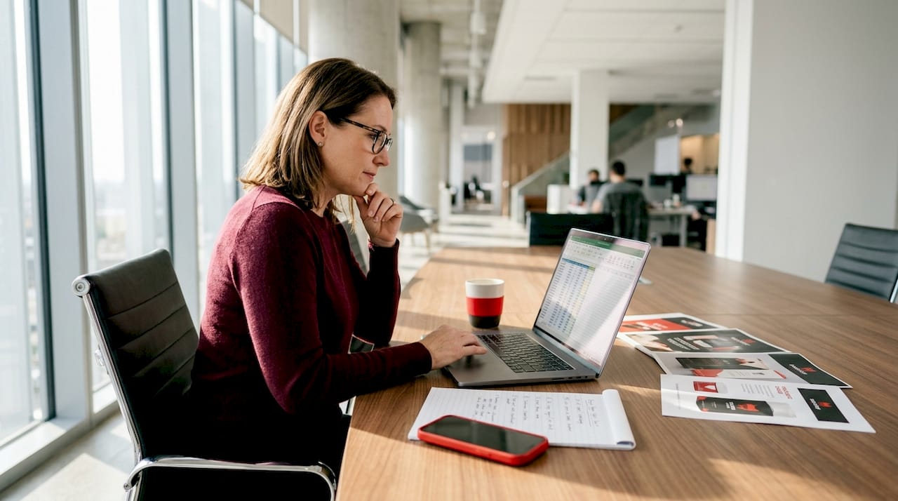 Brand manager updating spreadsheet and packaging
