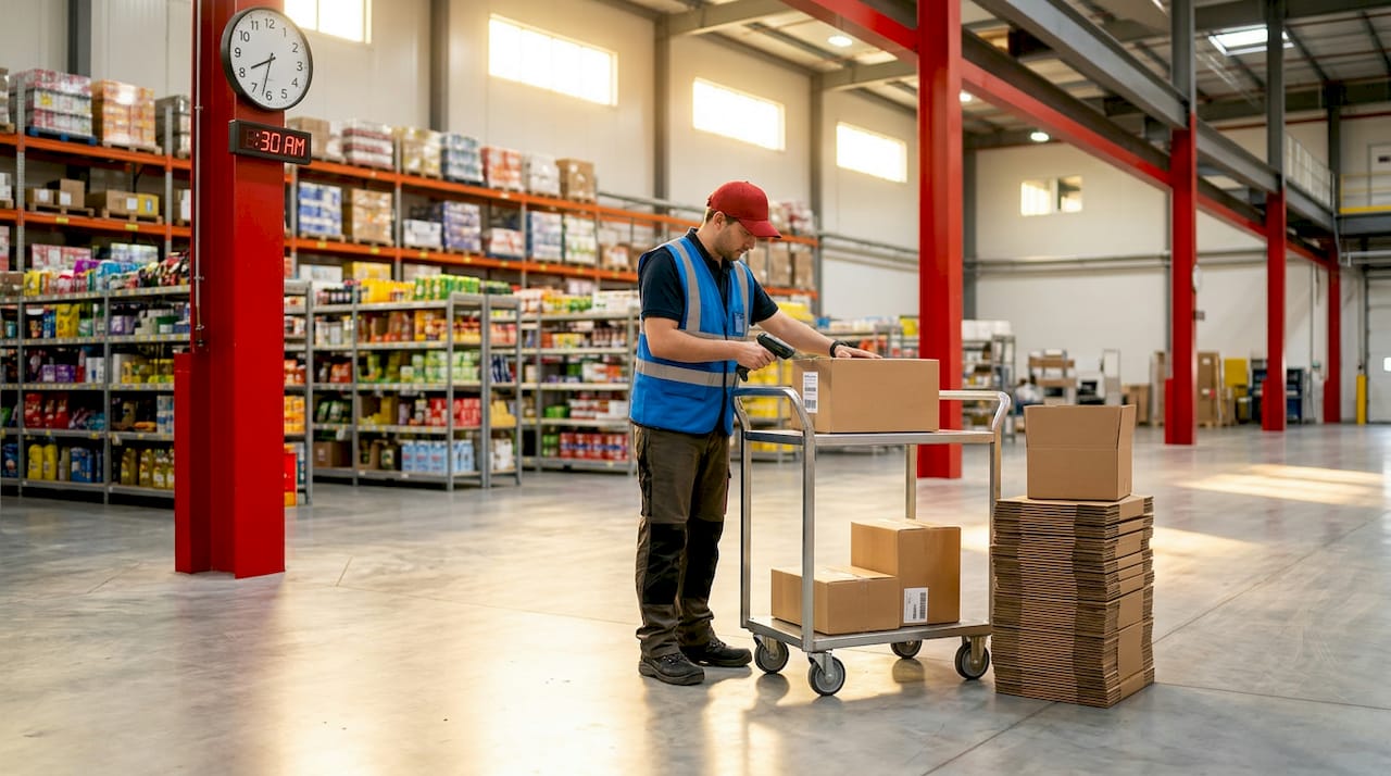 Worker scanning box in Walmart fulfillment center