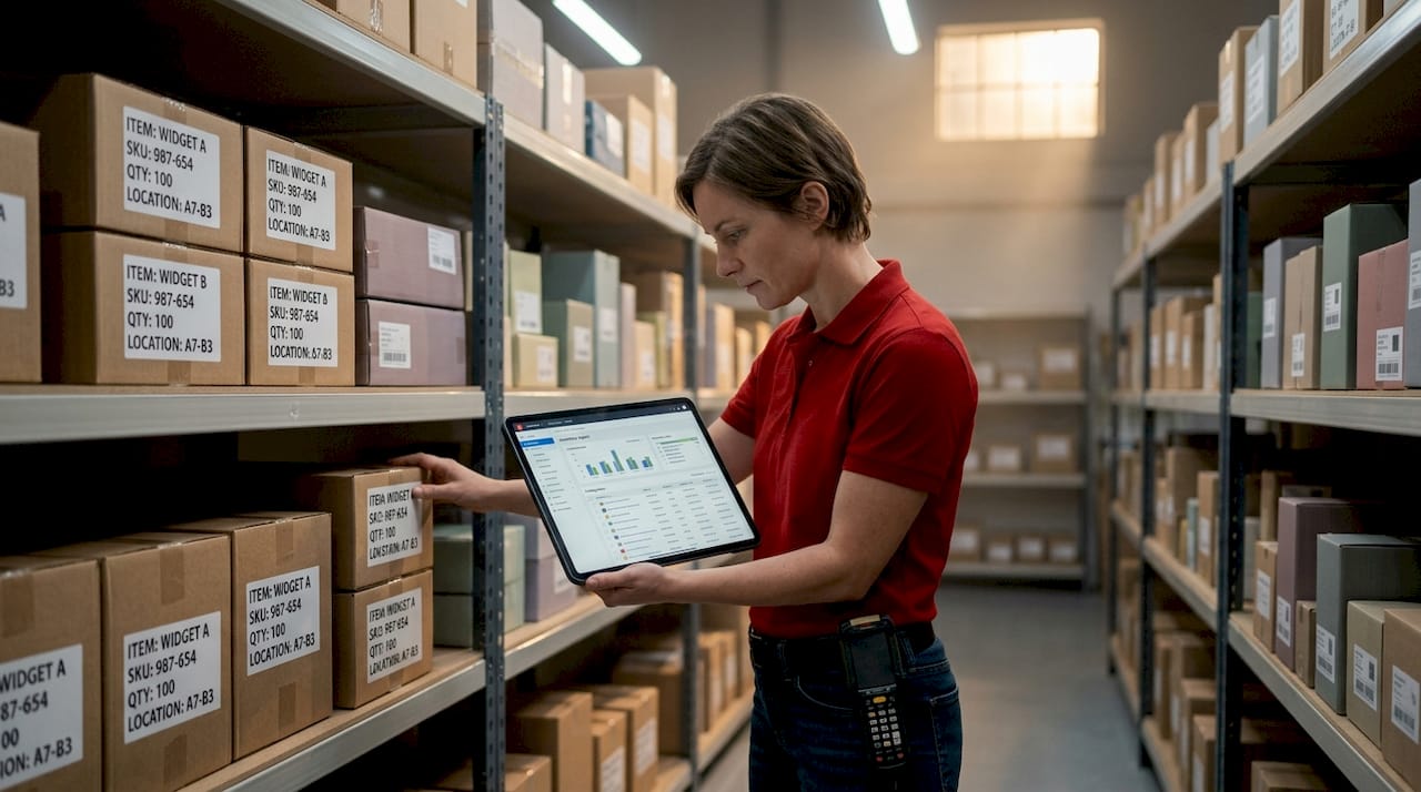Logistics manager checking ecommerce inventory with tablet