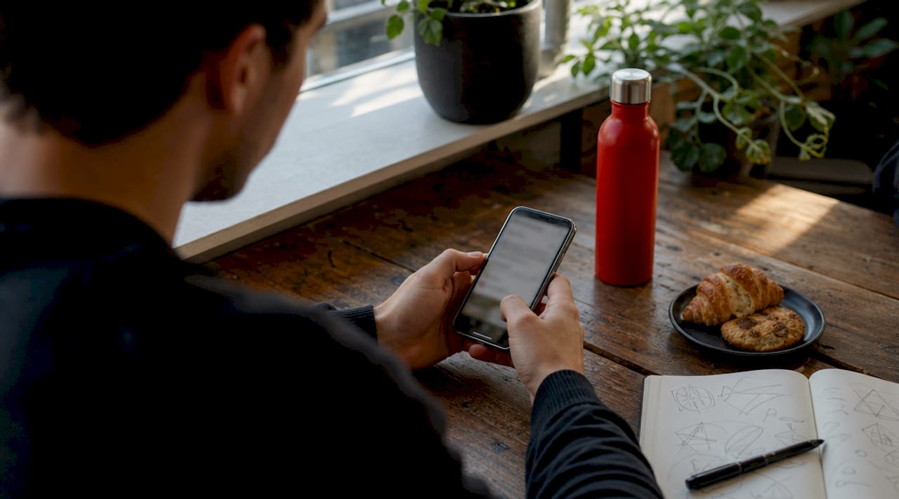 Hands scrolling influencer product reviews on smartphone