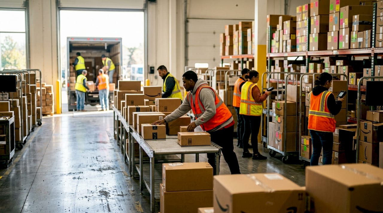 Amazon warehouse workers processing fulfillment
