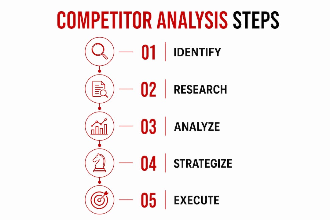 Step-by-step competitor analysis process infographic
