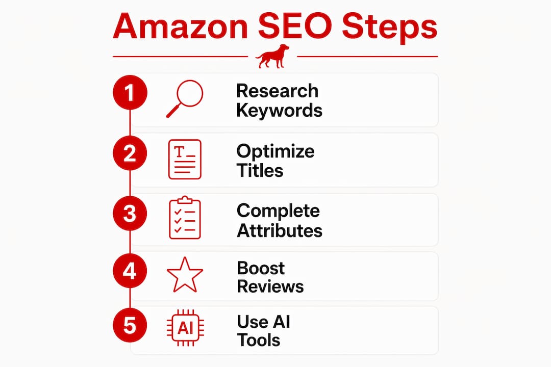 Infographic showing five key Amazon SEO steps